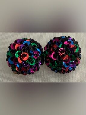 Vintage Domed Carnival Iridescent Black & rainbow clip earrings